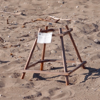 Plaża Dafni - przy każdym miejscu gdzie są złożone jaja żółwi jest karteczka z datą złożenia jaj